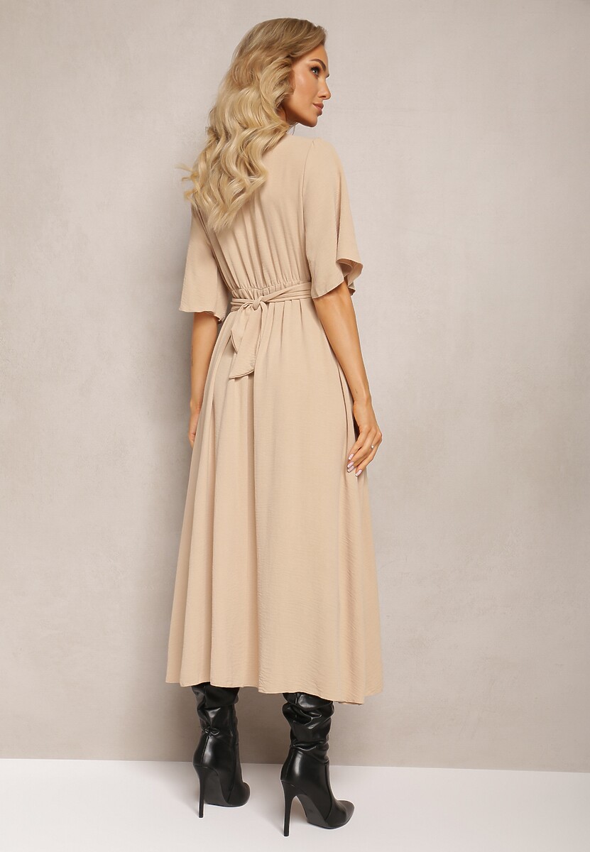 Ciemnobeżowa Rozkloszowana Sukienka Maxi z Szerokim Rękawem i Gumką w Pasie Sador