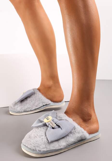 Szare Kapcie z Miękkiego Futerka Ozdobione Kokardą Adeltta