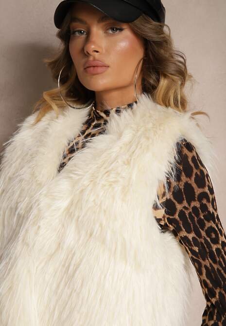 Biała Niezapinana Kamizelka Futerko Heleeti