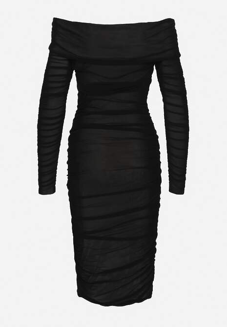 Czarna Siateczkowa Sukienka z Marszczeniami i Odkrytymi Ramionami z Wywiniętym Dekoltem Tinareta