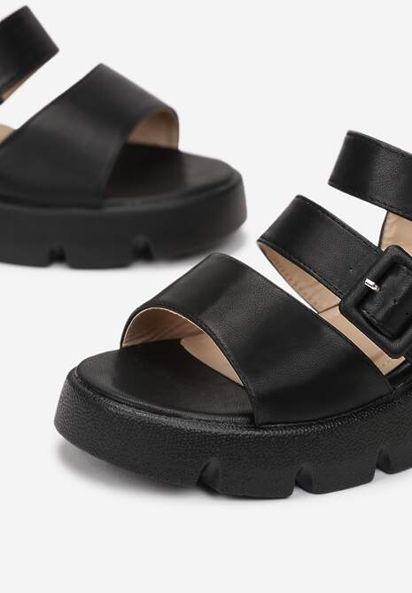 Czarne Sandały na Koturnie z Paskami ze Sprzączką Penesia