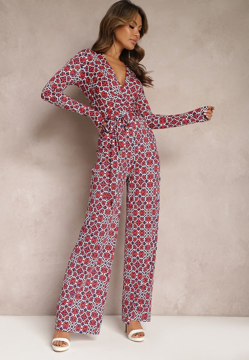 Fuksjowo-Czarny Kombinezon w Geometryczne Wzory z Szerokimi Nogawkami i Paskiem w Talii Soliti