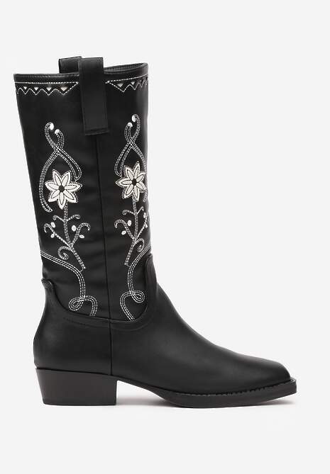 Czarne Płaskie Kozaki w Stylu Kowbojek z Haftowanymi Kwiatami Emelicia