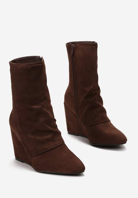 Ciemnobrązowe Kozaki na Koturnie ze Szpiczastym Noskiem Arwona