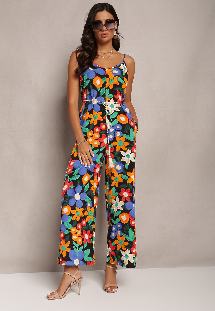 Czarno-Niebieski Kombinezon w Kwiatowy Print na Cienkich Ramiączkach ze Sznurkiem w Talii Angelime