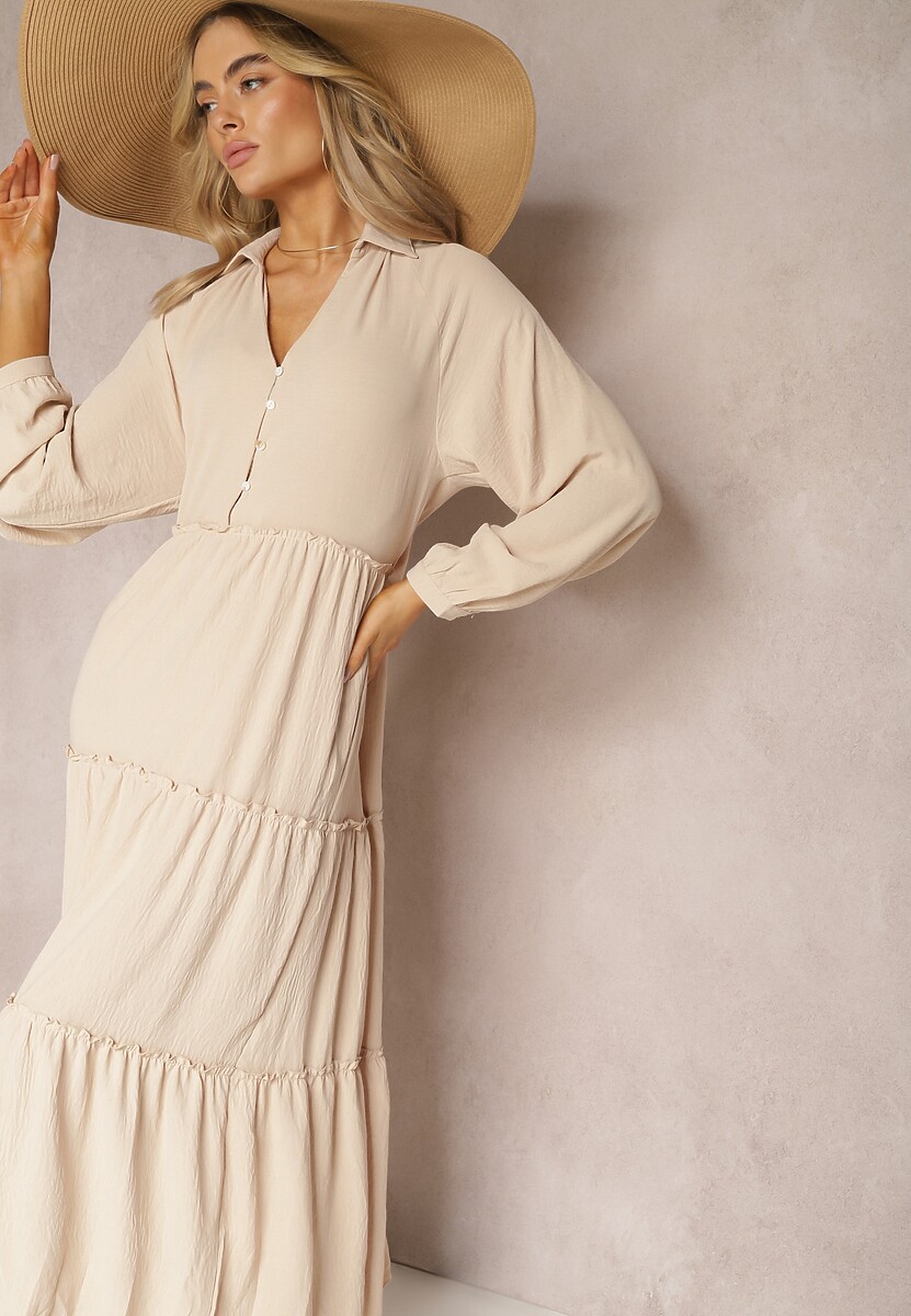 Beżowa Długa Sukienka z Koszulową Górą i Rozkloszowanym Odcinanym Dołem Iremita