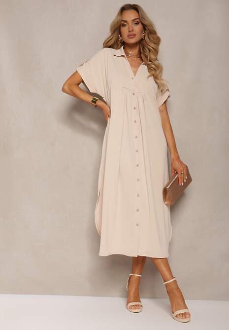 Beżowa Koszulowa Sukienka z Podwijanymi Rękawami Zapinana na Guziki Moarielle