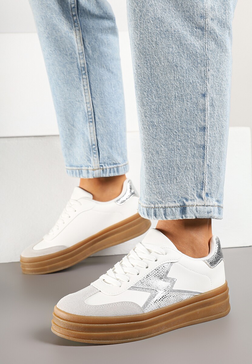 Srebrno-Białe Sneakersy w Stylu Tenisówek Ozdobione Geometrycznym Wzorem Tolivanna