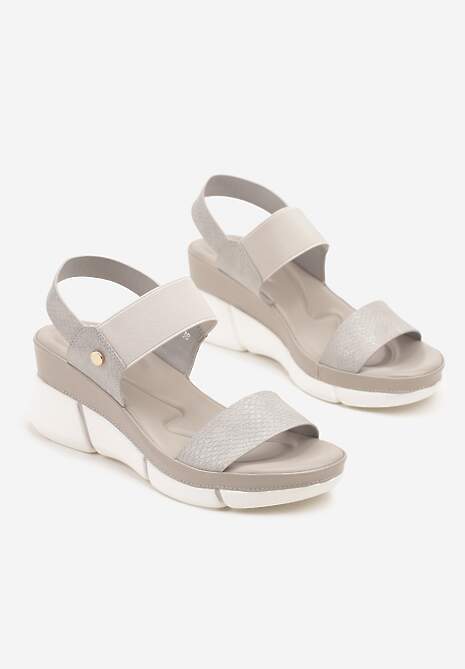 Szare Sandały na Koturnie ze Żłobieniami z Elastycznym Zapięciem i Brokatem Lisanisea