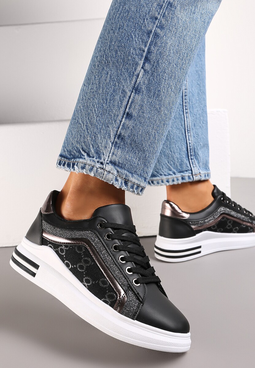 Czarne Sneakersy z Brokatem i Metalicznym Zdobieniem Dreama