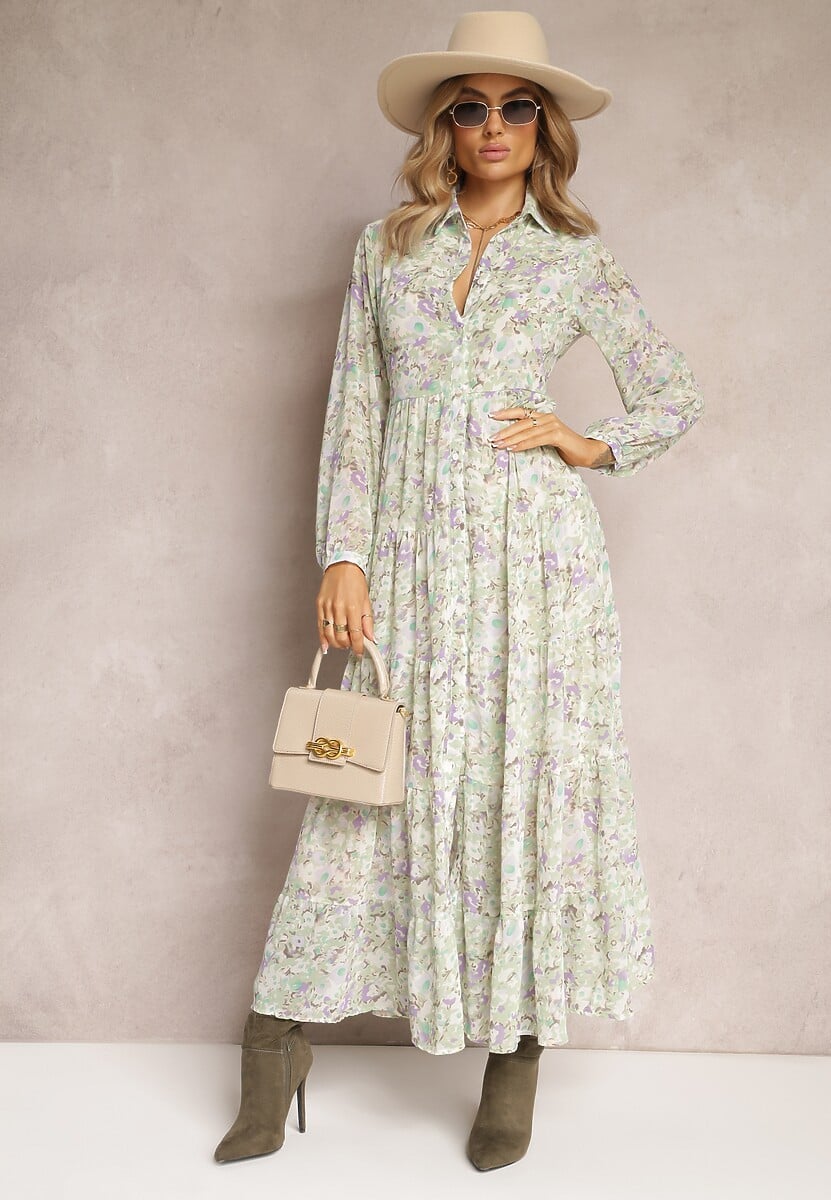 Miętowa Koszulowa Sukienka Maxi w Kwiaty z Falbaną na Dole Nilmisse