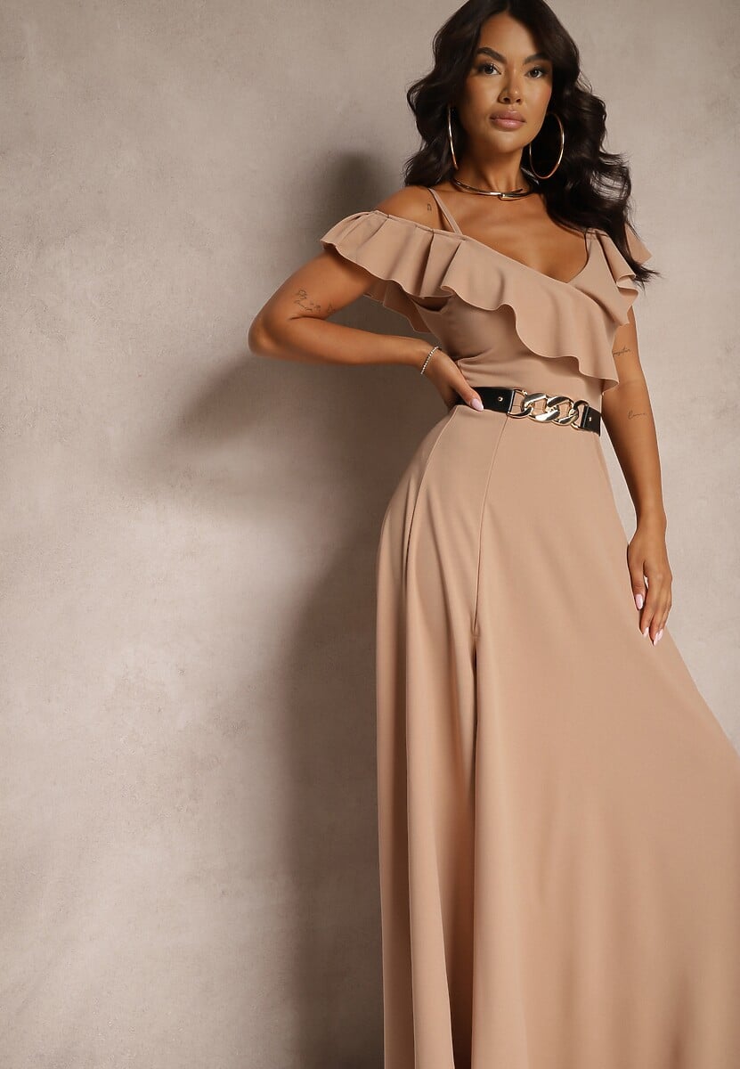 Beżowa Rozkloszowana Sukienka Typu Hiszpanka na Ramiączkach z Rozcięciem Neroli