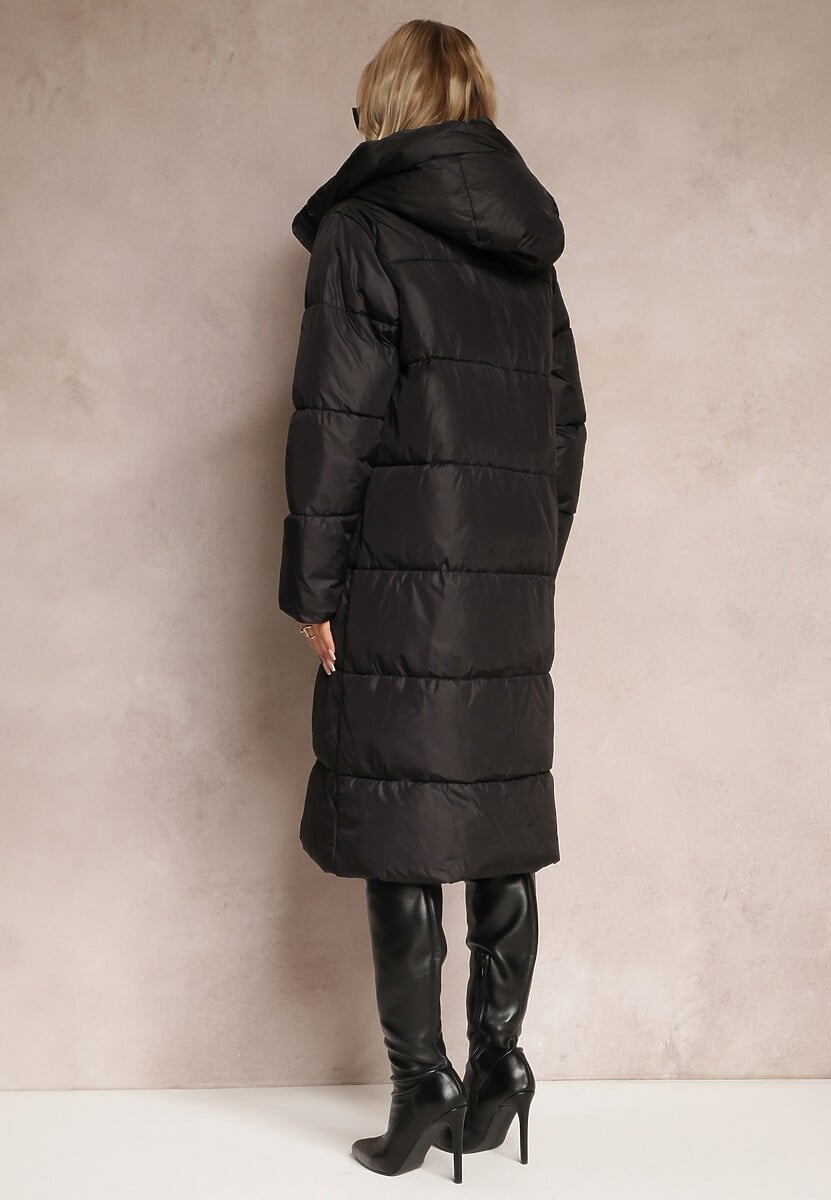 Czarna Kurtka za Kolano Pikowana z Kapturem Nafesa