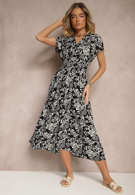 Czarna Sukienka z Bawełną i Kopertowym Dekoltem w Kwiaty Ldivisa