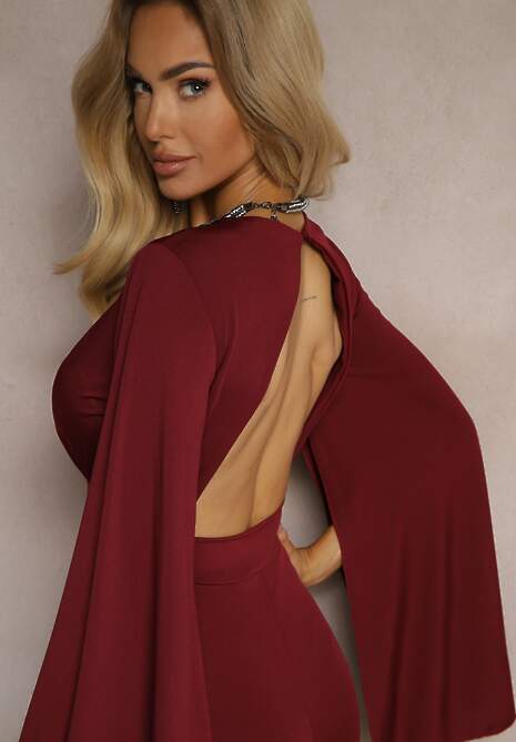 Bordowy Dopasowany Kombinezon z Rozkloszowanymi Rękawami i Głębokim Dekoltem Andrika