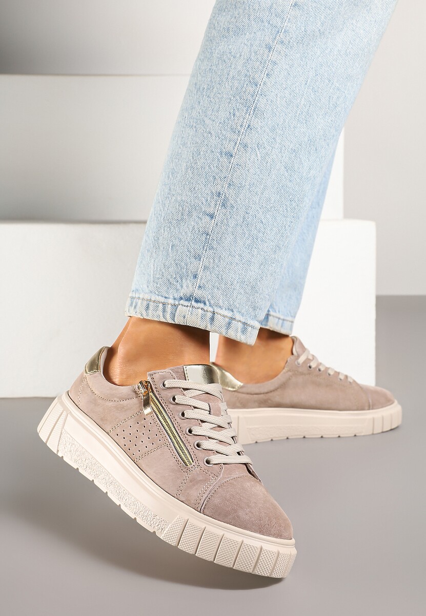 Beżowe Sneakersy Skórzane na Platformie z Ozdobnym Suwakiem i Perforacją Niliria
