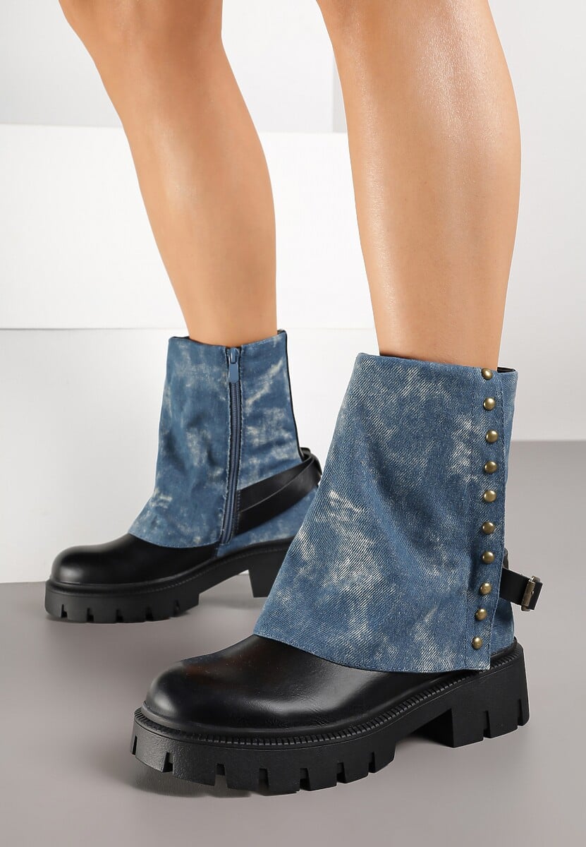 Czarne Botki Ozdobione Klamrą i Wywiniętą Cholewką Ansone