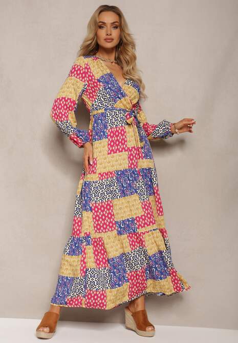 Niebiesko-Żółta Sukienka z Wiskozy z Gumką w Pasie i Materiałowym Paskiem z Trójkątnym Dekoltem Nelarae