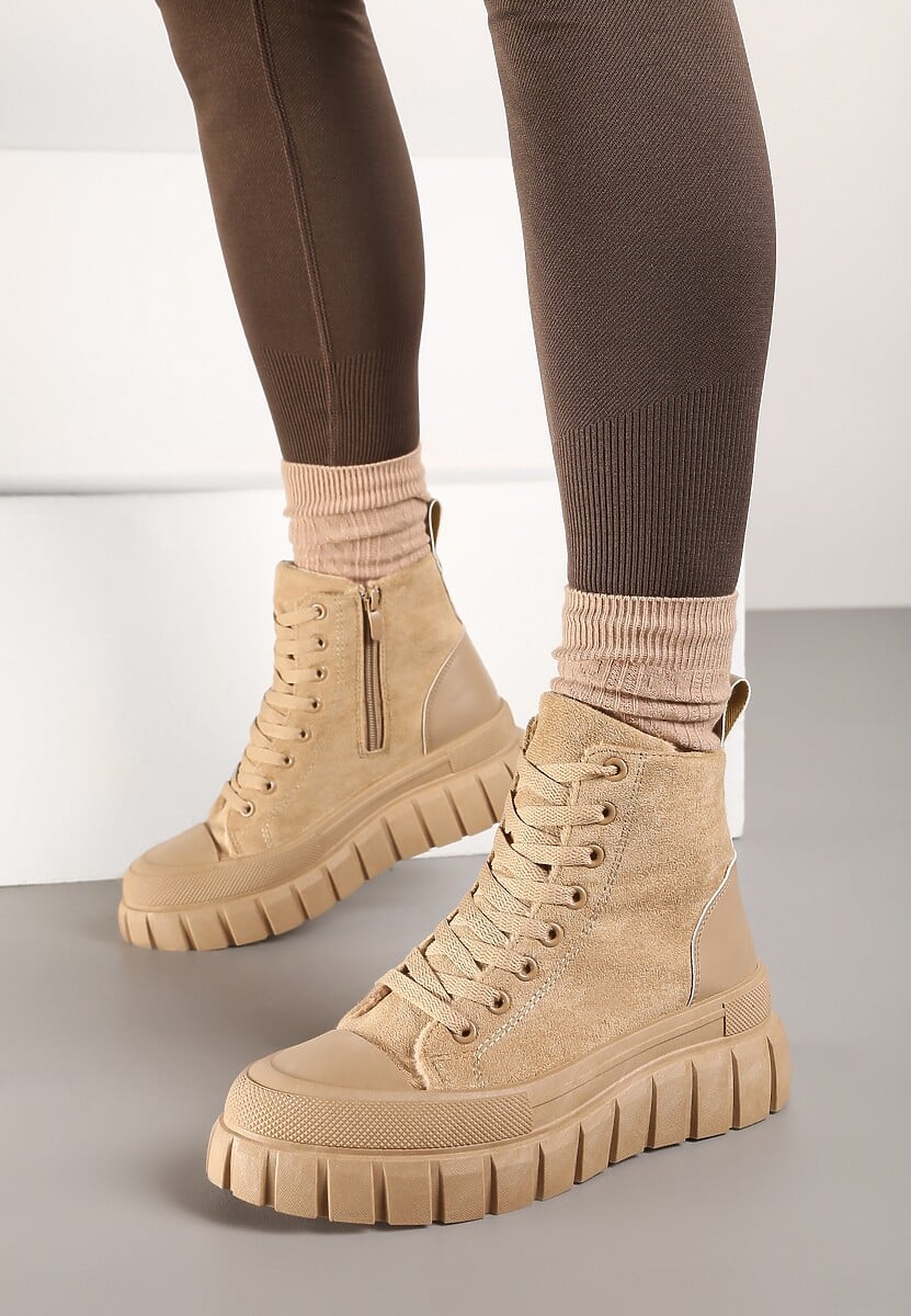 Ciemnobeżowe Botki za Kostkę na Platformie Viuan