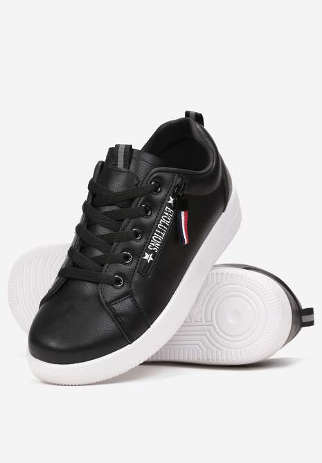 Czarne Wiązane Sneakersy przed Kostkę z Ozdobnym Suwakiem i Naszywką Hypatha