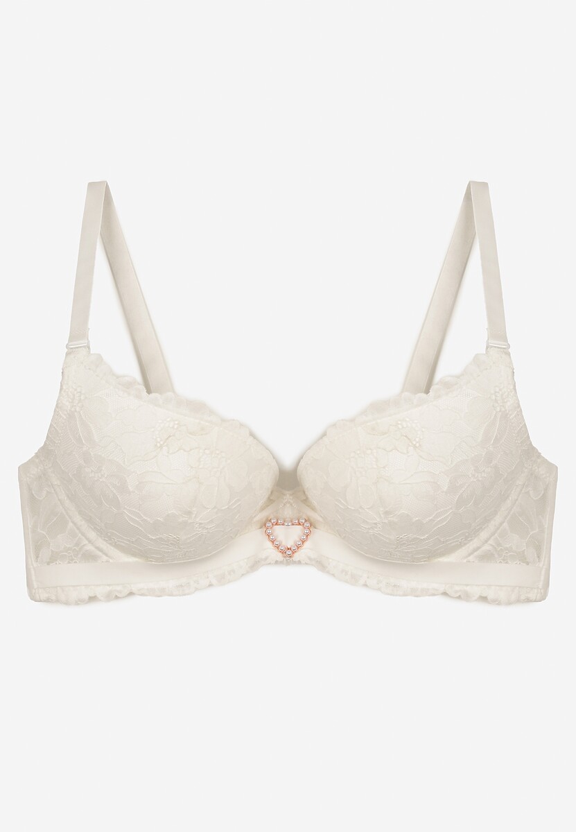 Jasnobeżowy Koronkowy Biustonosz z Sercem z Cyrkonii i Koronką Nelanisea