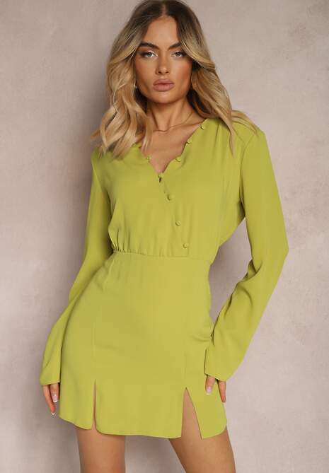 Jasnozielona Sukienka o Dopasowanym Kroju Zapinana na Guziki z Gumką w Talii Dimmara