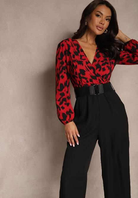 Czerwono-Czarny Kombinezon z Długimi Nogawkami i Kopertowym Dekoltem oraz Paskiem z Gumy Koretta
