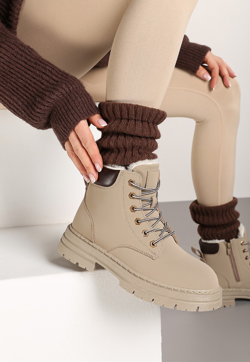 Beżowe Traperki Mocno Ocieplone Sztucznym Futerkiem Janek