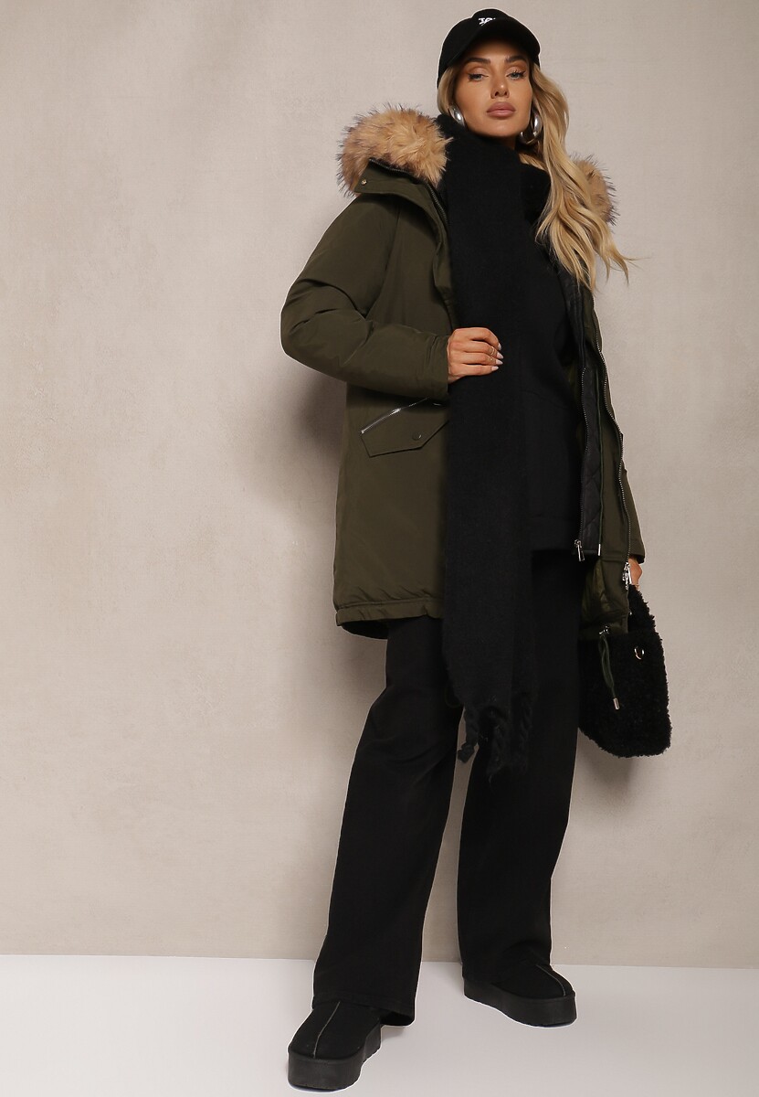 Zielona Kurtka Parka Ściągana w Talii z Podwójnym Suwakiem i Kapturem z Futrem Edrieth