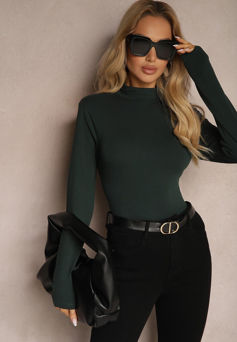 Bordowa Bawełniana Bluzka Typu Longsleeve z Półgolfem Riata