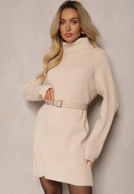 Beżowa Sukienka Dzianinowa Prążkowana Lialethe