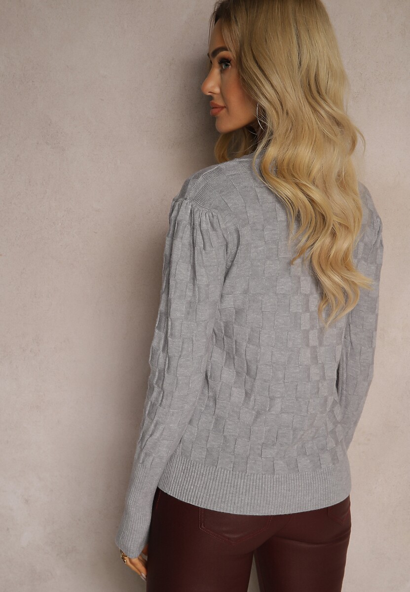 Szary Sweter z Modalem i Wiskozą Ozdobiony Tłoczeniem Liliti