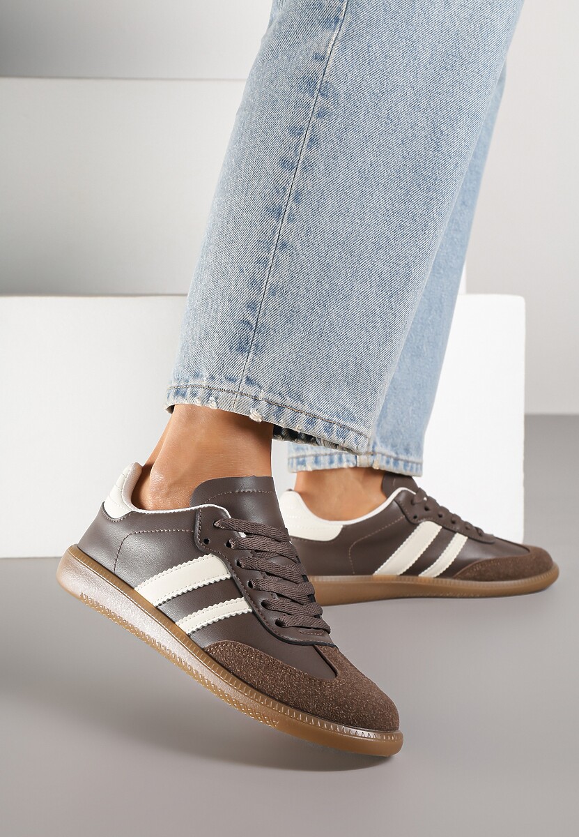 Brązowe Casualowe Sneakersy na Płaskiej Podeszwie z Paskami Jereria