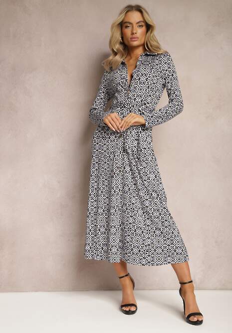 Biało-Fioletowa Sukienka Maxi o Taliowanym Kroju z Paskiem w Geometryczny Wzór Perani