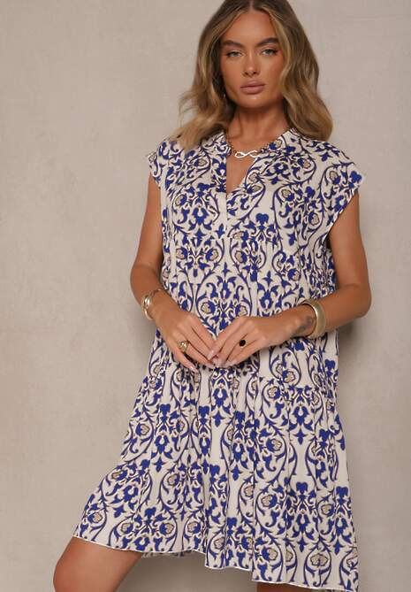 Niebieska Rozkloszowana Sukienka z Bawełny z Falbanką  Livalia