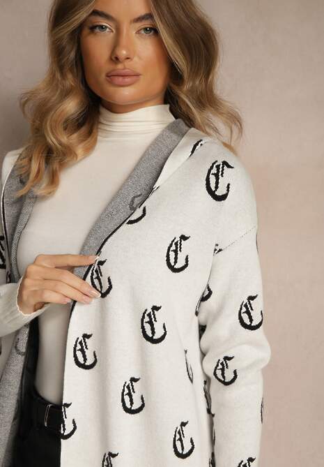 Jasnoszary Kardigan z Kapturem Ozdobiony Geometrycznym Motywem Ralanessa