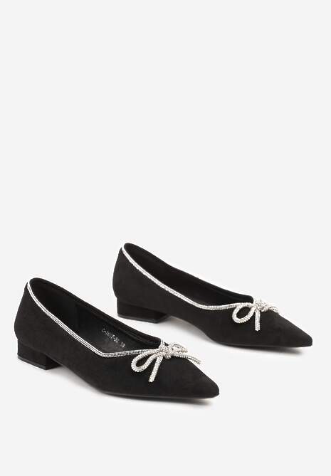 Czarne Płaskie Balerinki z Cyrkoniową Kokardą Evalene