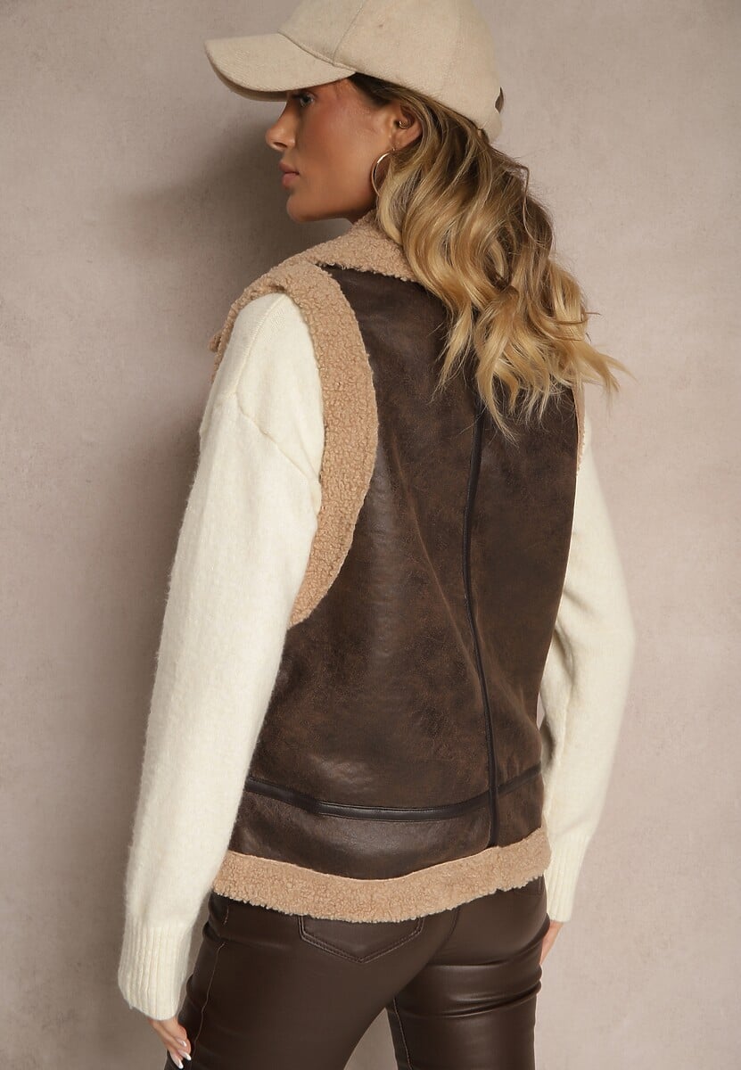 Brązowa Kamizelka Ozdobiona Wstawkami z Futerka Reaelia