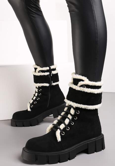 Czarne Botki Workery na Grubej Podeszwie z Futerkiem Valiro