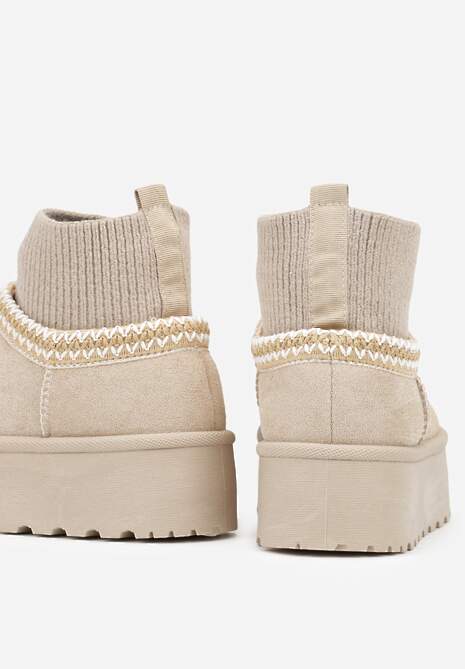 Beżowe Śniegowce VICES na Platformie ze Skarpetkową Cholewką i Haftem Ebentia