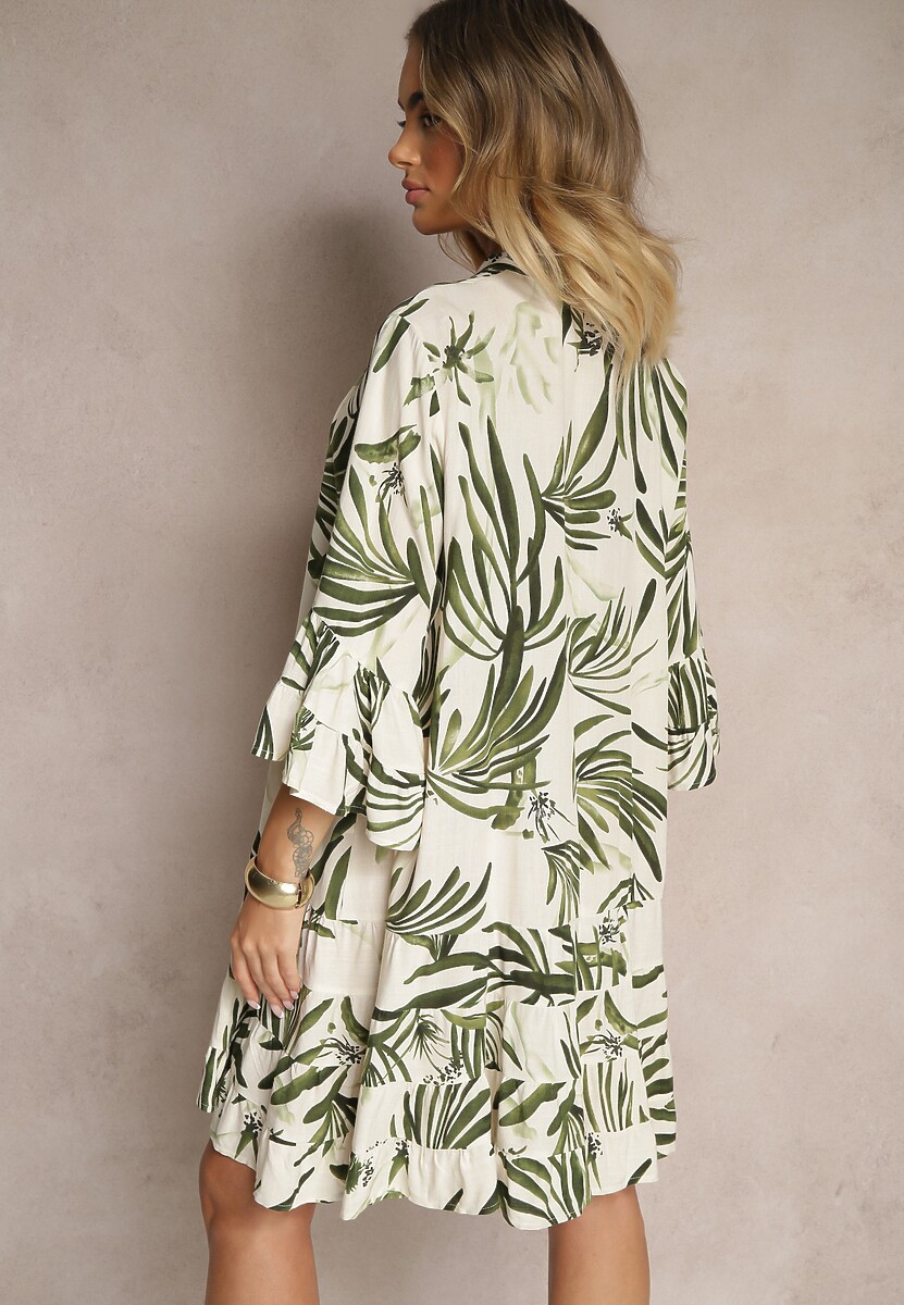 Zielona Rozkloszowana Sukienka z Wiskozy z Falbanami z Motywem Roślinnym Ridivaria