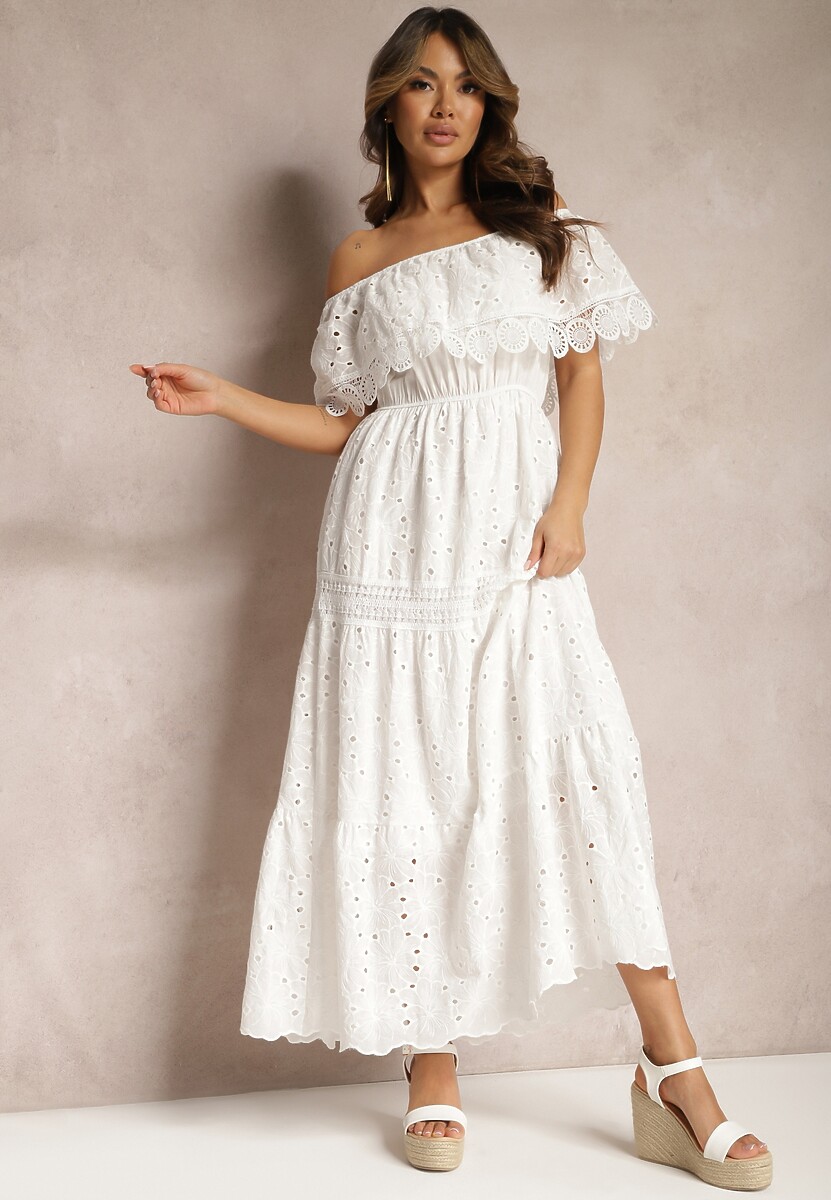 Biała Bawełniana Sukienka Hiszpanka Ażurowa Maxi z Falbankami i Koronką Telavia