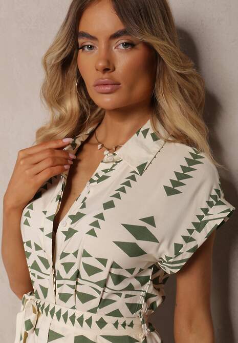 Beżowo-Zielona Taliowana Sukienka z Wiskozy z Materiałowym Paskiem w Talii Nasiona