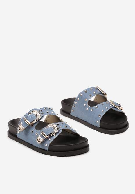 Niebieskie Klapki na Płaskiej Podeszwie z Podwójną Sprzączką i Nitami Fienella