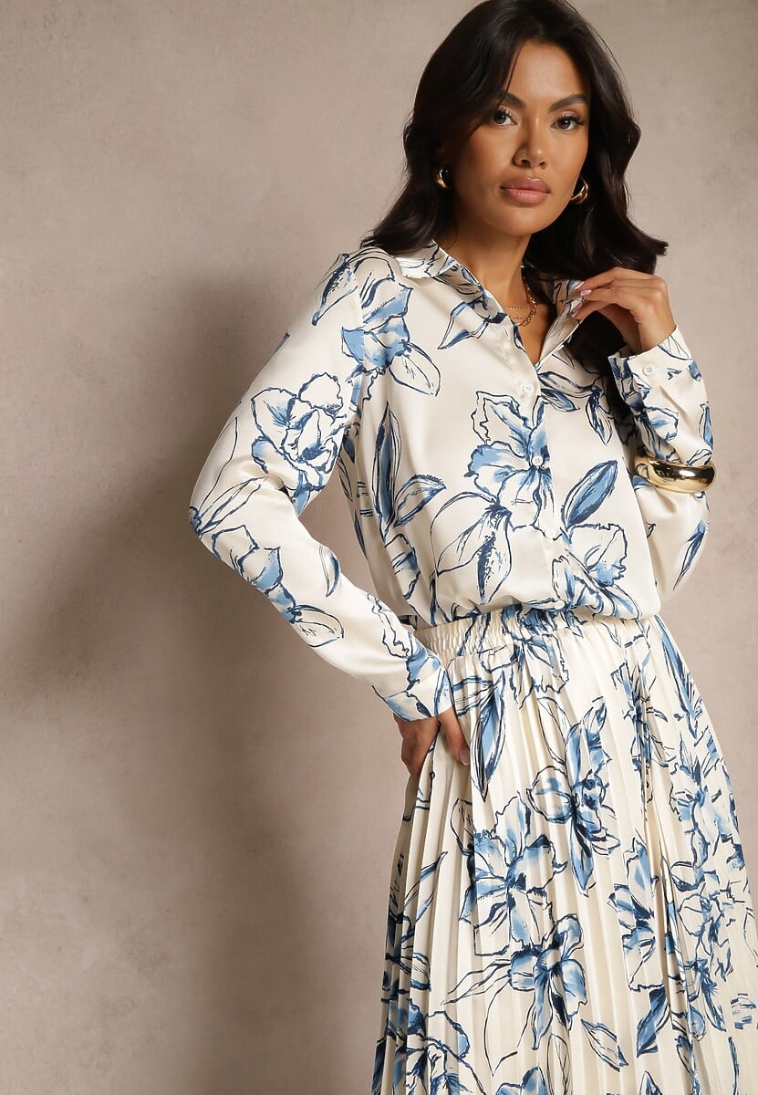 Biało-Niebieska Koszula z Wiskozą i Kwiatowym Wzorem Fenellea