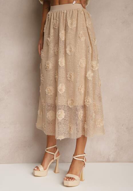 Beżowa Tłoczona Spódnica o Rozkloszowanym Kroju z Gumką w Pasie Folunetta