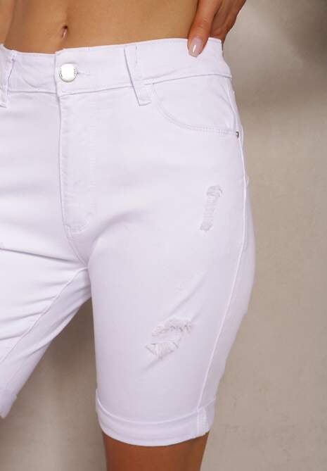 Białe Jeansowe Szorty Push-Up z Przetarciami High Waist Namsalin