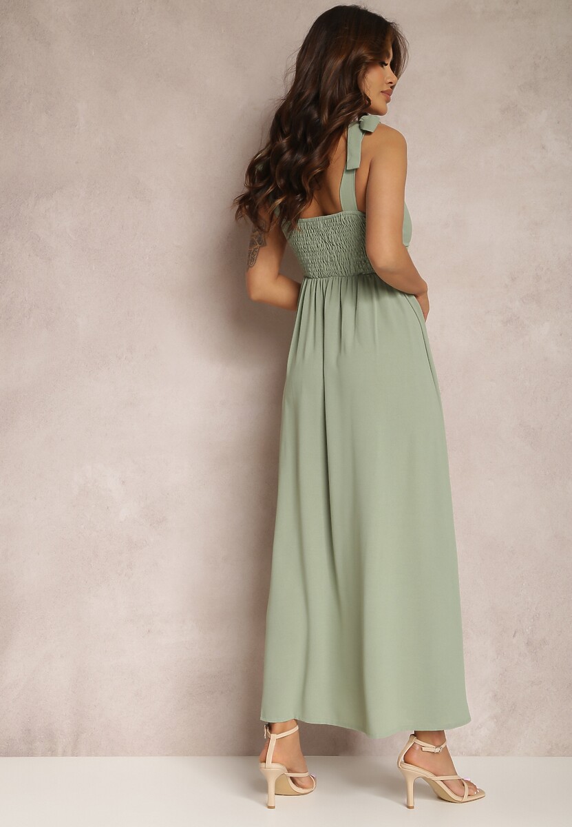 Zielona Sukienka Rozkloszowana z Wiązanymi Ramiączkami i Wycięciem Argomeda