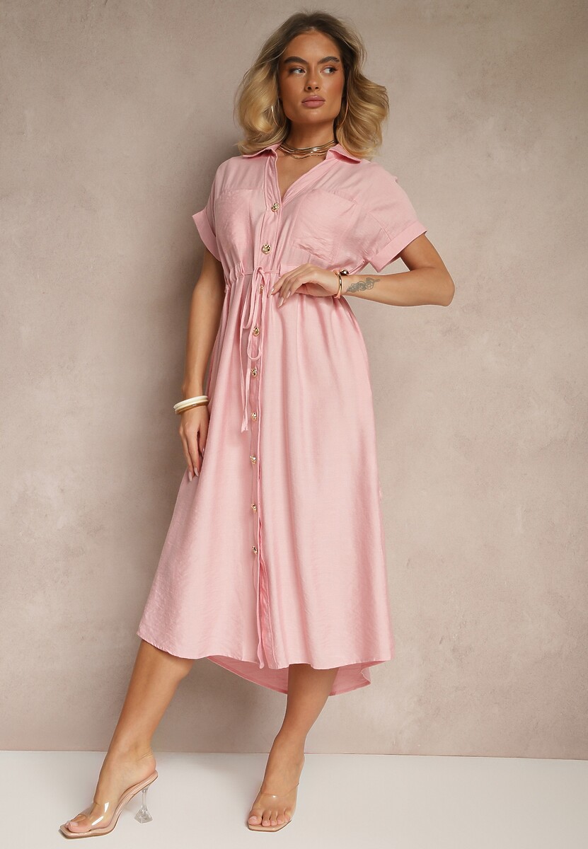 Różowa Wiskozowa Sukienka Koszulowa z Guzikami i Wiązaniem w Talii Velazia