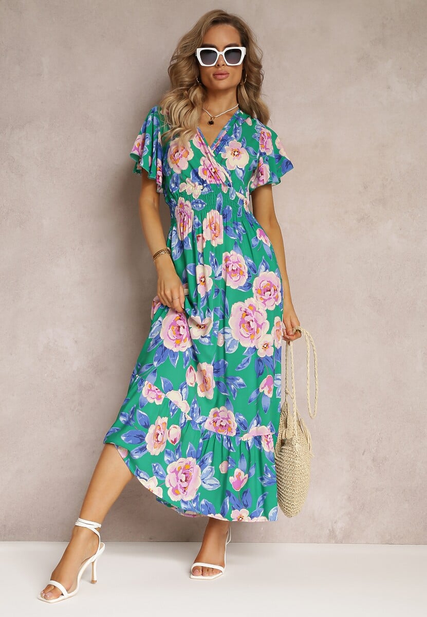 Zielona Rozkloszowana Sukienka Maxi z Gumkami w Talii i Falbankami Tayte